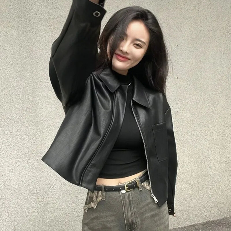 Koreańska moda kurtka PU dla kobiet czarna krótka Faux płaszcz skórzany ubrania damskie Trend wiosna nowa Retro kobieta szykowna topy na wierzch