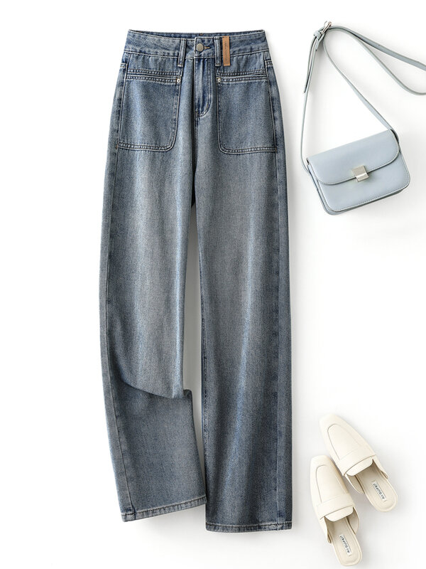 Jeans casual simples feminino, com etiqueta de couro, jeans reto com bolsos, novo, verão, 2024