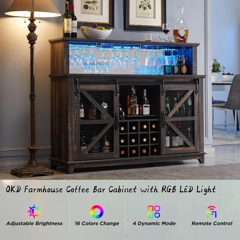 OKD 농가 커피 바 캐비닛, LED 조명, 사이드 보드 뷔페 테이블, 슬라이딩 헛간 문짝, 와인 및 유리 랙 포함, 55 인치
