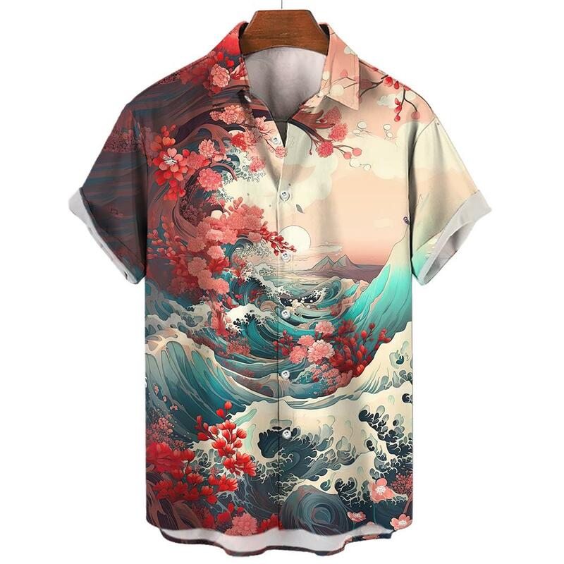 2024 New Shirts For Mens Short Sleeve Tops Japanese Style Ukiyoe Graphic Clothes Oversized Summer Apparel Streetweat Male Shirts