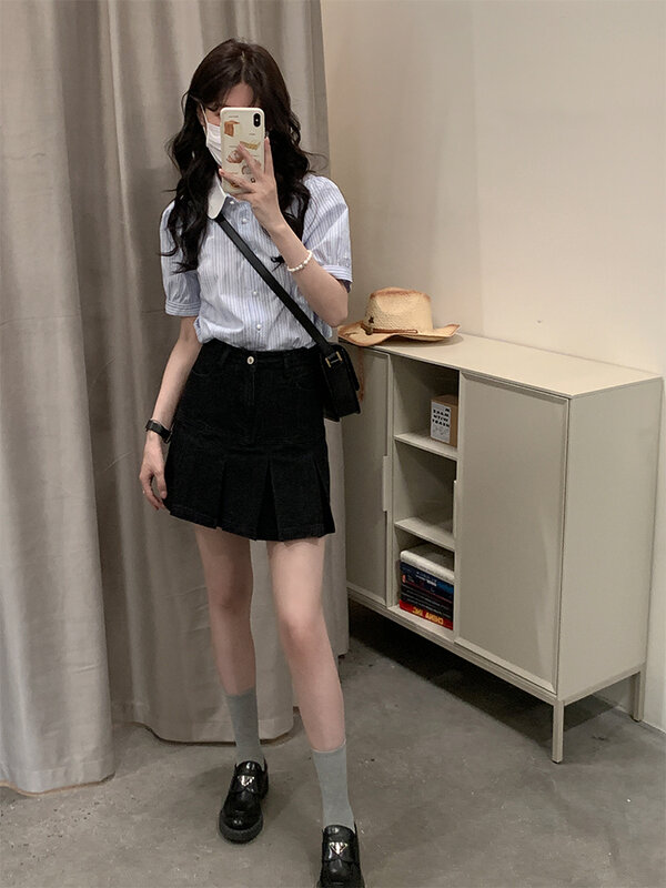 Blue Striped Doll Neck Short Sleeved Shirt for Women's Summer Design Sense Shirt with Bubble Sleeves Top Female Clothing