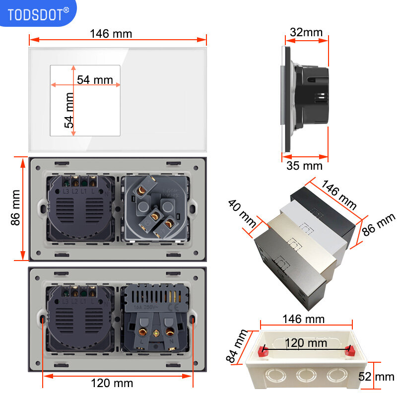 Interruptor de enchufe de pared táctil con USB tipo C, carga rápida, cristal blanco, ignífugo, UL V-0, 86 tipos, 146x86mm