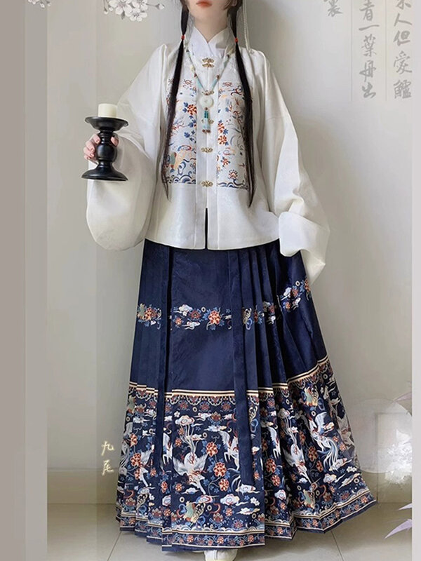 Hanfu-Conjunto de falda con cuello cuadrado para mujer, empalmado Top corto, Mangas de Pipa, Cara de caballo, Otoño e Invierno