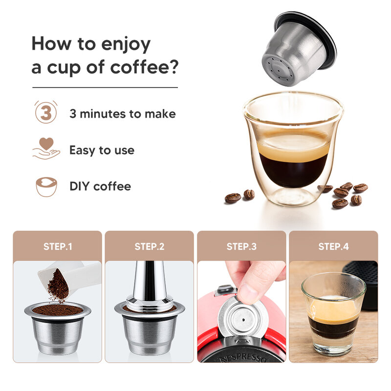 Cápsulas de café Nespresso reutilizables, taza de acero inoxidable, recargable, filtro de recarga