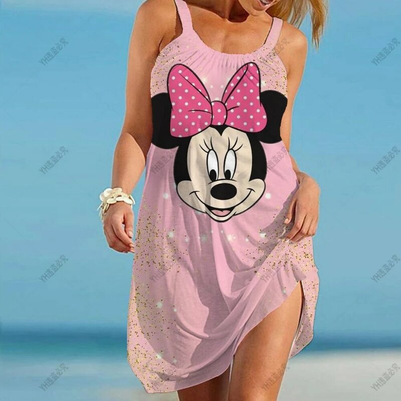 Spaghetti Strap Casual Clothing for Female Ladies Summer Beach Sexy Sleeveless Sundress for Women Mickey Mouse Print Dresses
