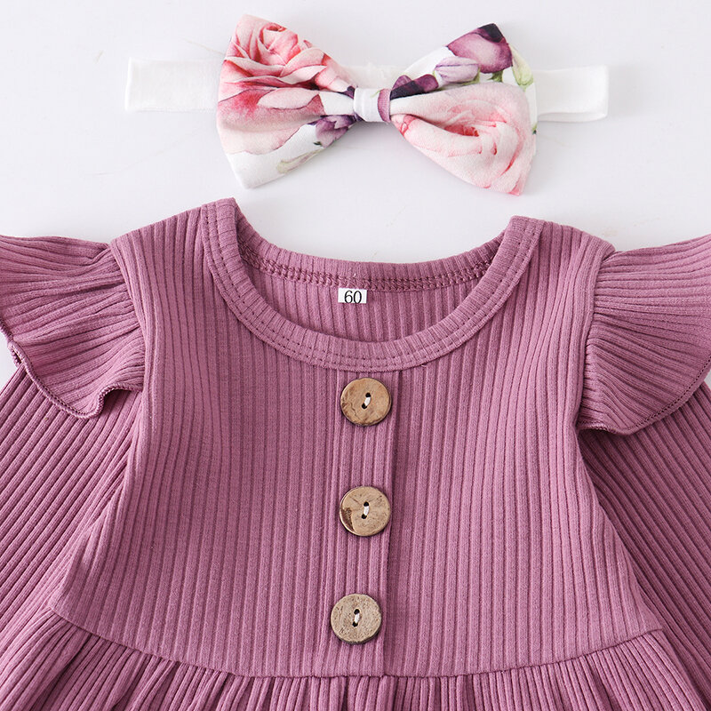 Pakaian 3 potong untuk bayi perempuan, Set bando celana bunga lengan panjang rumbai ungu, pakaian putri imut untuk bayi perempuan baru lahir