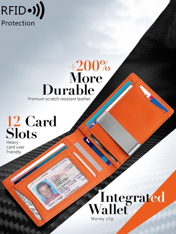 Portafoglio da uomo minimalista con blocco RFID multifunzionale ultrasottile a 12 carte, porta carte di credito portatile a due pieghe con tasca frontale