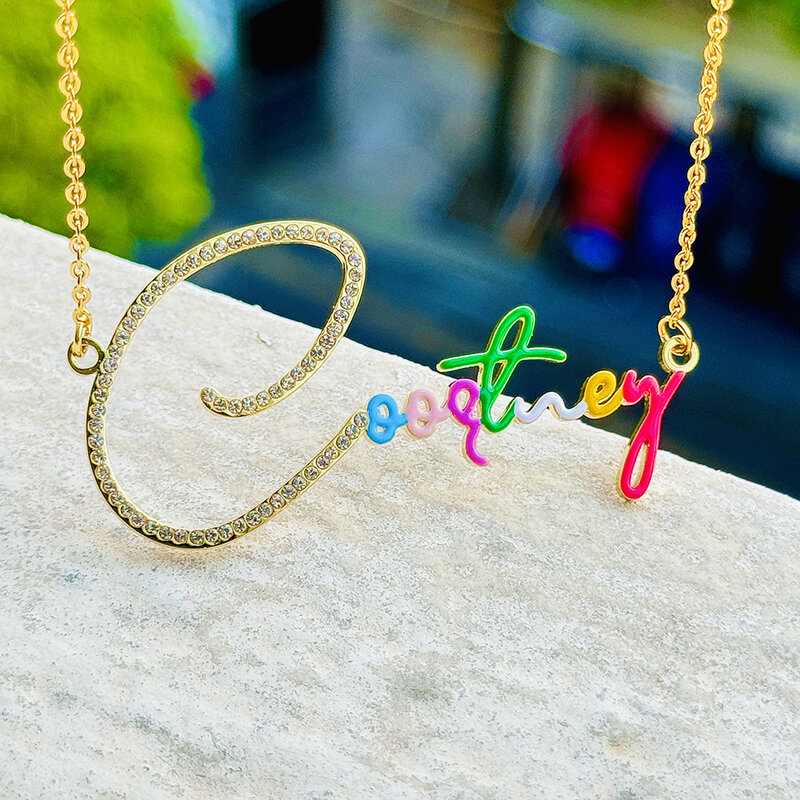 DODOAI 2024 New Custom Name Necklace Rainbow Nameplate Zircon Pendant Necklaces Fashion Jewelry For Women Personalized Gifts