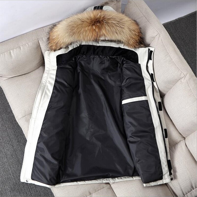 冬のパーカー,暖かい白いダックダウンジャケット,ファッショナブルな大きな毛皮の襟,厚い雪のウインドブレーカーコート