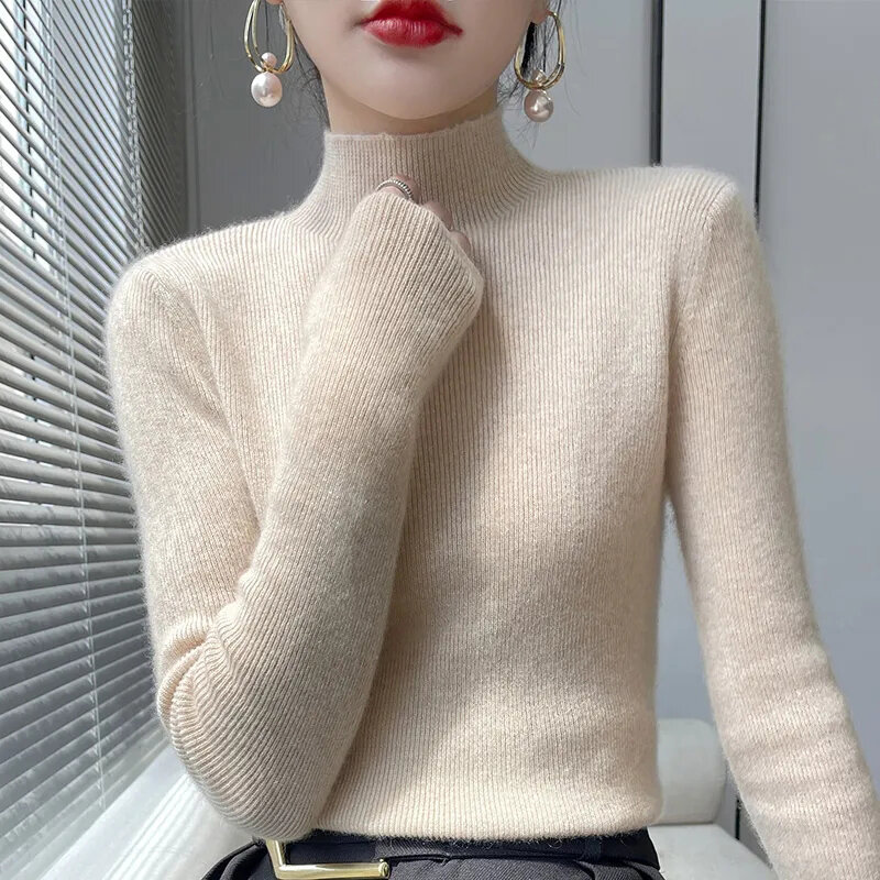 Zoki-suéter grosso de malha feminino, gola alta coreana, manga comprida, harajuku, todos os fósforos, jumper quente, outono, moda inverno