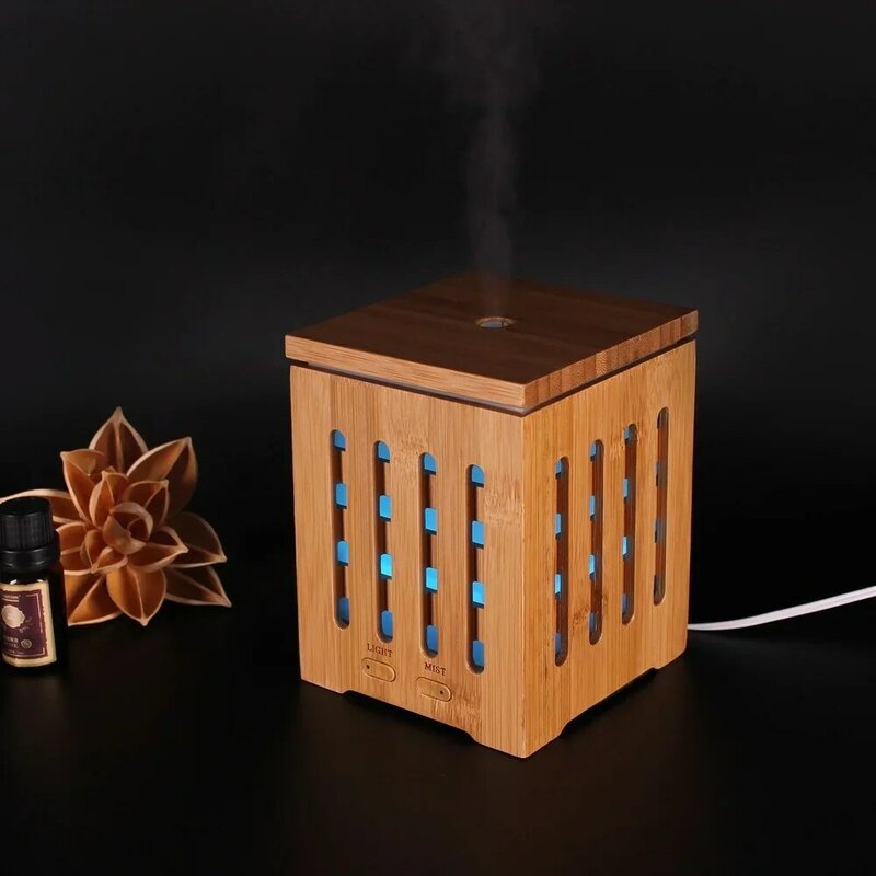 Essential Oil Diffuser Square Perfume Ultrasonic Real Bamboo Wooden 200ml Nebulizing Aromatherapy Humidifier 7 Color for Home