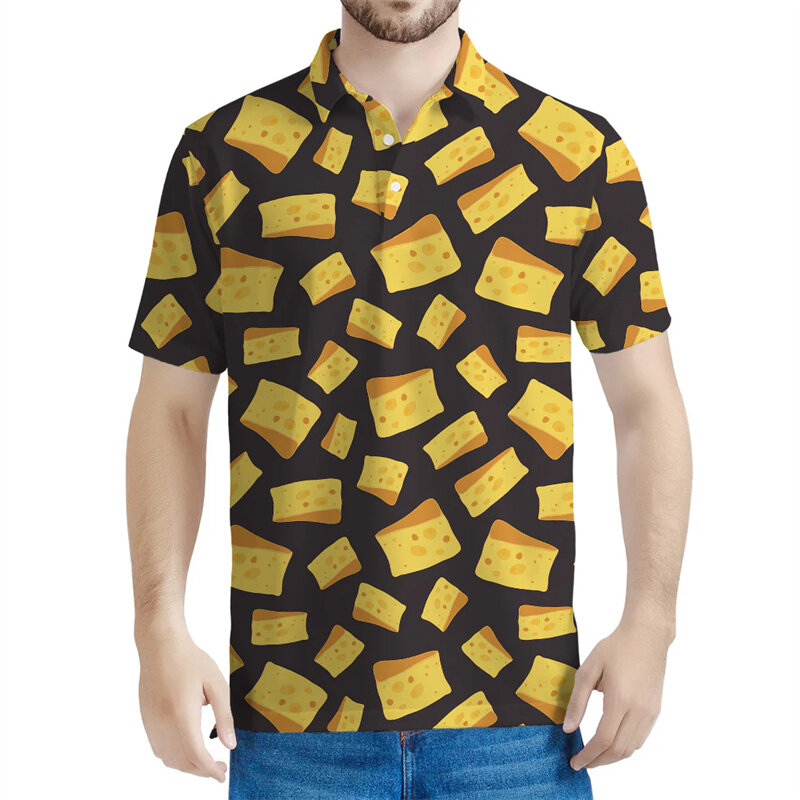 Рубашка-поло мужская с принтом сыра, уличная свободная футболка с короткими рукавами, повседневный топ с лацканами и пуговицами, с 3d принтом, на лето