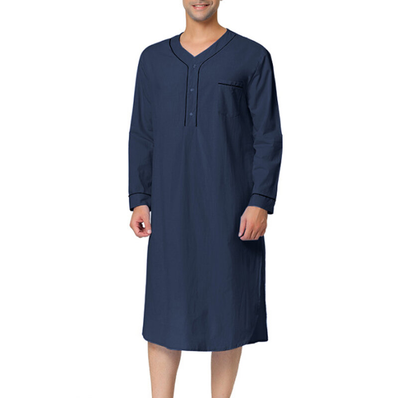 Piyama lengan panjang untuk pria, piyama kerah V longgar warna polos, jubah etnik warna polos 2023