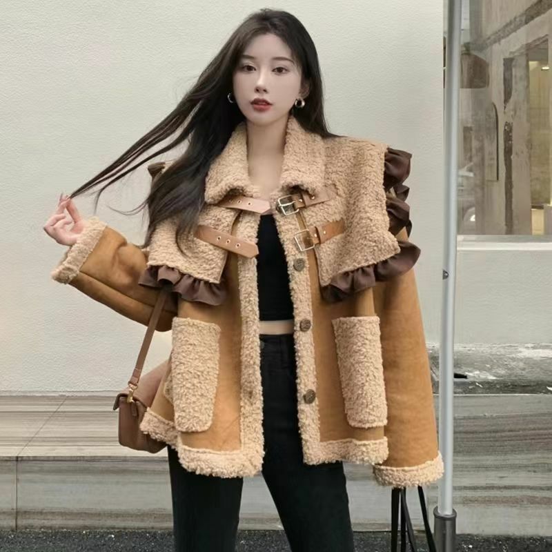 Korea Winter Streetwear Lederen Bont Geïntegreerde Jacks Vrouwen Zakken Patchwork Contrast Kleur Jassen Lamswol Warme Dikke Jas