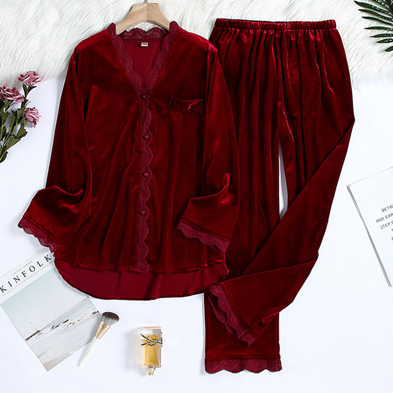 Осенне-зимняя велюровая ночная рубашка, комплект из двух предметов, розовый кружевной пижамный комплект с отделкой, Пижама для женщин, домашняя одежда, бархатная Пижама, одежда для сна