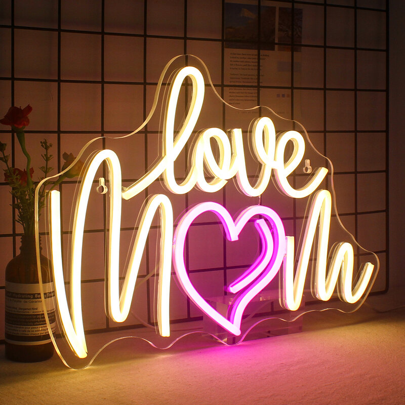 Letrero de neón de Love Mom, luces LED con letras de amor para decoración de habitación, lámpara de pared estética para madre, cumpleaños, decoración de fiesta de boda, luz USB
