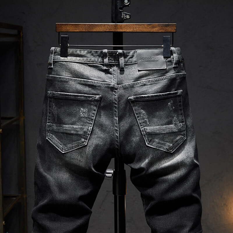 2024Autumn Men's Black Jeans High Quality American Zipper Stitching Stretch Slim Street Fashion Haulage Motor Trousers