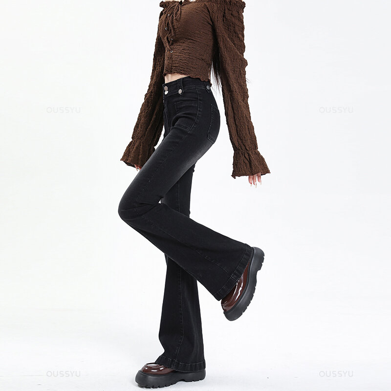 Flared Jeans Woman Vintage High Waist Women Slim Stretch Denim Tight Pant Korean Street Style Casual Trousers Plus Length