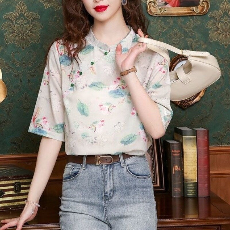 Pulover wanita lengan pendek motif tanaman & bunga, atasan model Tiongkok musim panas, kaus sifon leher bulat bermanik-manik