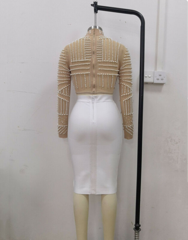 Элегантные женские юбки 2024, комплект из двух предметов, сексуальный осенний Топ с длинным рукавом и бусинами, Платья для особых мероприятий