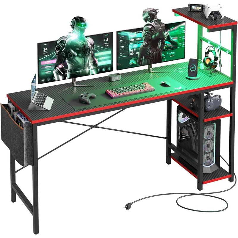 Bestier Gaming Desk with Power Outlets, 61 Inch Large Led Gamer Desk with 4 Tiers Reversible Shelves, PC Gaming Table