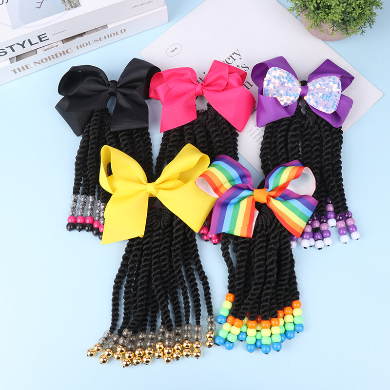 1PC Wigs Beaded Braided Ponytail Women Hair Extensions Fiber Braiding Child Synthetic Beads Wigs Bows Children'S Hair Extensions