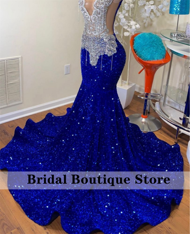 Sparkly Royal Blue Diamonds Mermaid Prom Dress Glitter Sequins Bead Crystal Rhinestones Vestidos De Fiesta Birthday Party Dress