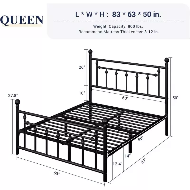 Allewie-Marco de cama de plataforma de Metal tamaño Queen, cabecera Vintage victoriana, reposapiés, almacenamiento debajo de la cama, sin caja, 14 pulgadas