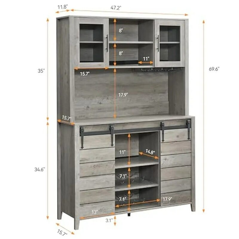Rustic Sliding Barn Door Wine Cabinet Buffet with Glass Shelves Storage