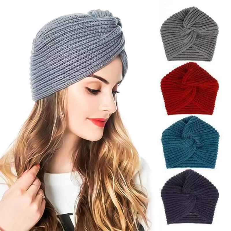Y2k Knitted Crocheted Wool Hat Solid Color Muslim Hijab Imitation Cashmere Cross Knotted Turban Winter Warm Thicken Pullover Cap