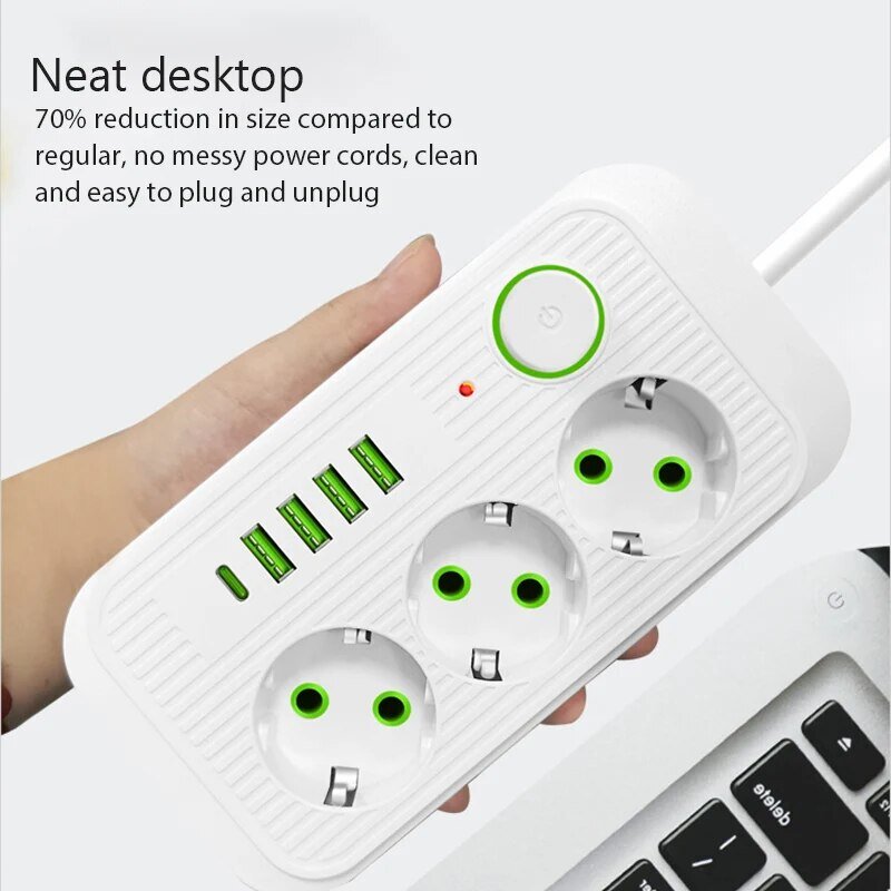 EU Plug Power Strip 2M Extension Cable Multiprise 3AC Outlets Electrical Socket with 4 USB 1 Type C Network Filter Fast Charging