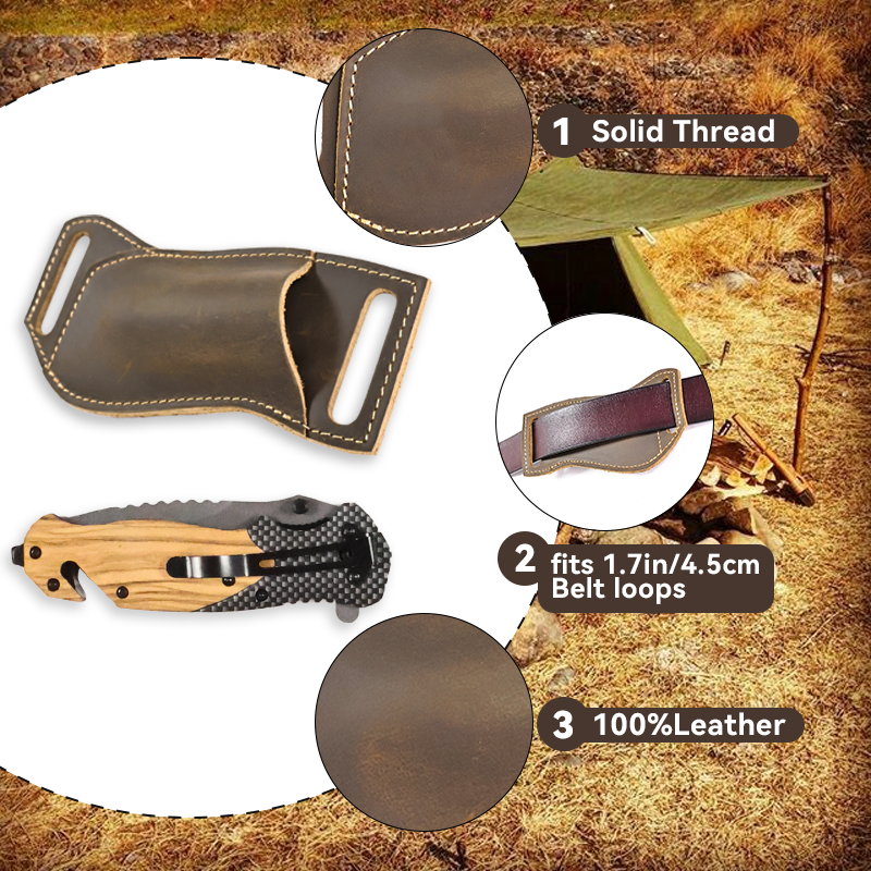 RIYAO Vintage Tactical Damascus Knife Case Belt Holder Outdoor Horizontal Genuine Leather Folding Flick Knife Pocket Sheath Men