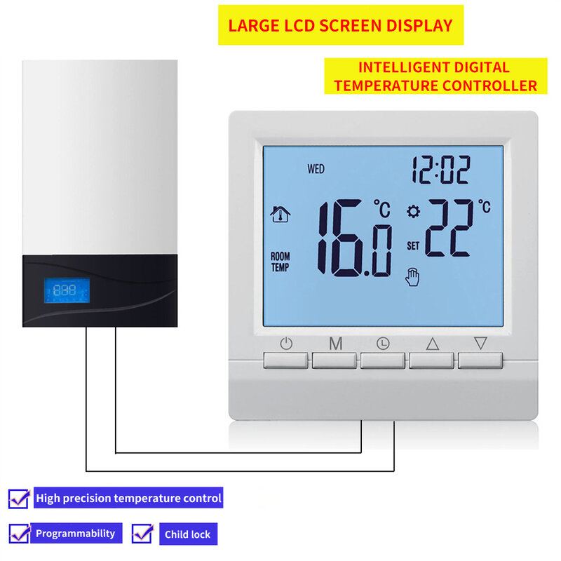 Wall Mounted Programmable Gas Boiler Water Heating Temperature Regulator Hand Controller Adjustable Thermostat with Kid Lock