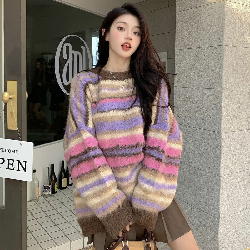 Sweter Modis Korea 2023 Sweter Panjang Medium Bergaris Antik untuk Wanita Sweter Pullover Lembut Lilin Lembut Atasan J103