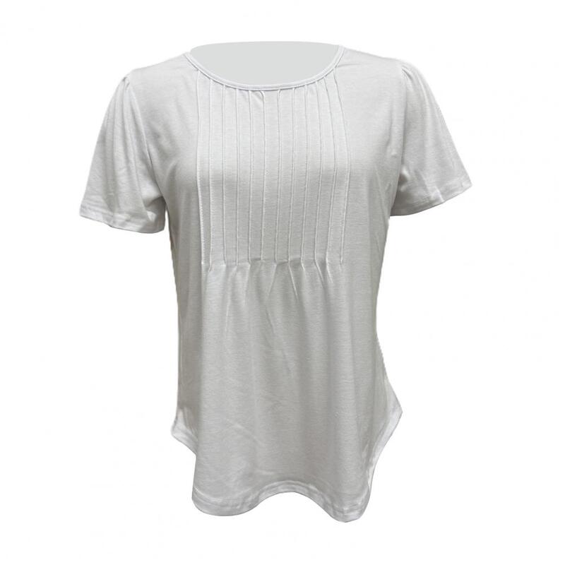 T-shirt extensible à col rond pour femme, haut d'été, collection décontractée, plissé, solide, document At Fit, pull pour A