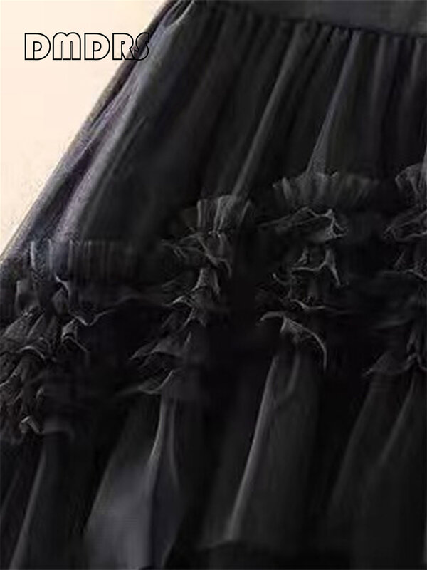 Rok Maxi hitam untuk wanita, gaun Maxi kasual warna hitam Tulle modis Musim Panas 2024 untuk wanita