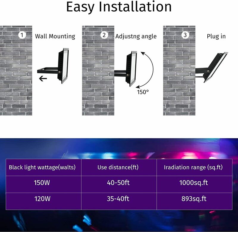 紫外線LEDブラックスポットライト,パワーコード付き屋外フラッドライト,防水ip66,100w,1.5 m,プラグスイッチ