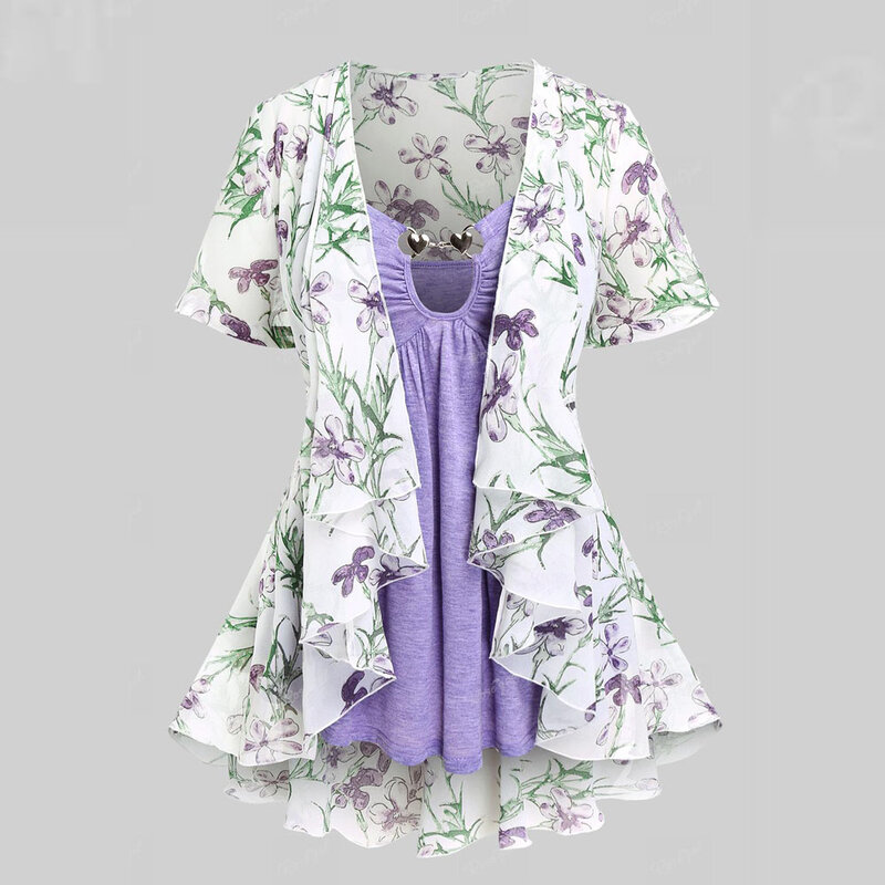 Rosegal Plus Size Dames T-Shirts Vest Tweedelige Camis Top En Kanten Paneel Bloemen Chiffon Blouses Kimono Set