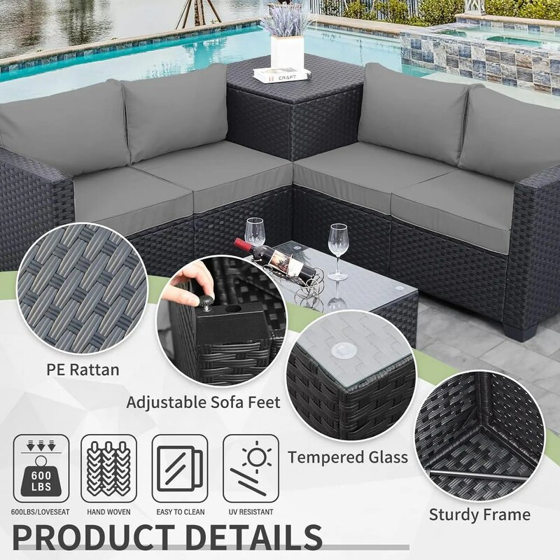 Outdoor PE Wicker Patio Furniture Set, 4 Piece Sectional Loveseat Couch Set Conversation Sofa with Storage Box Glass Top Table