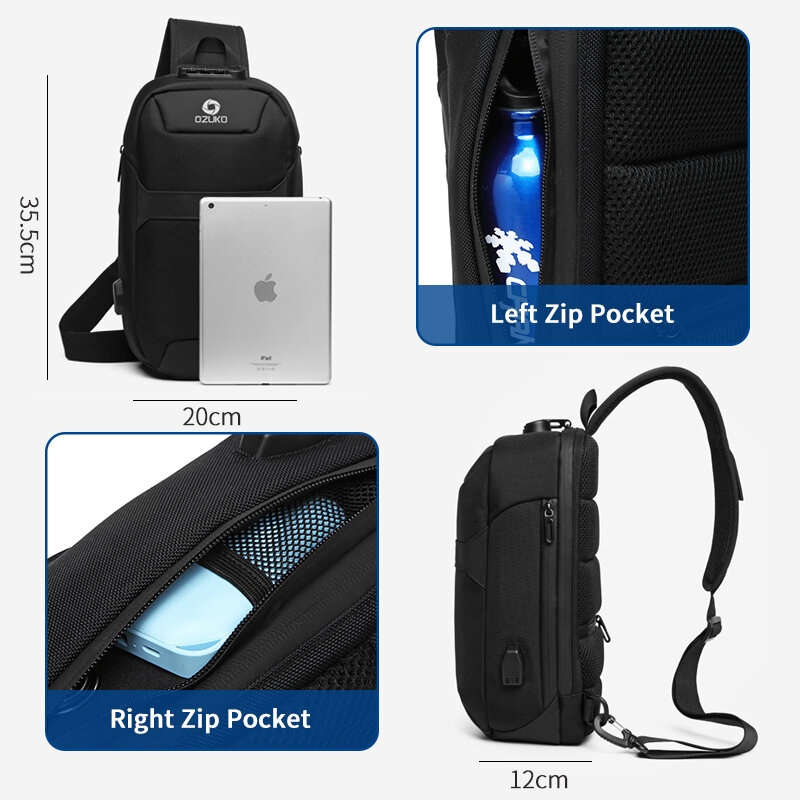 OZUKO-Bolso cruzado antirrobo para hombre, bolsa de pecho impermeable con carga USB, bandolera de viaje corto