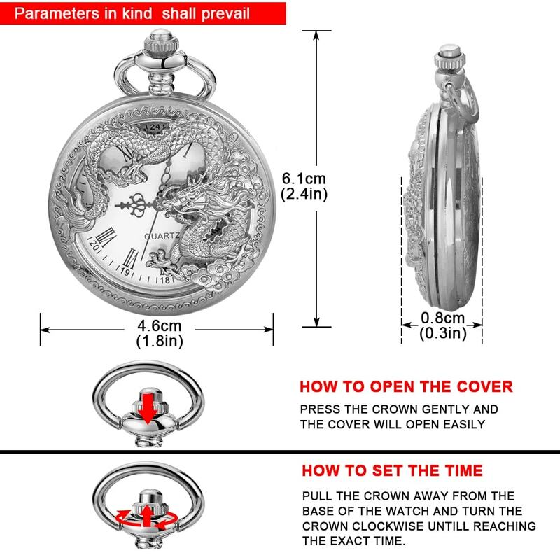 Карманные часы в форме дракона для мужчин и женщин, серебристые китайские характерные часы с подвеской-цепочкой и таймером, Подарочная бижутерия