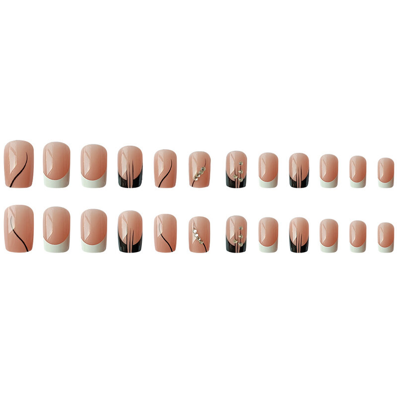 24 pz bianco nero unghie finte corte con Design di strass stampa staccabile sulle unghie acrilico copertura completa Nail Art Nail Tips