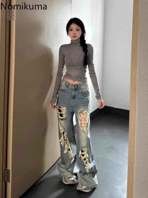 Harajuku porwane jeansy kobiety Vintage wysoki stan prosta szeroka nogawki spodnie moda spodnie typu Casual Streetwear lato Pantalon Femme