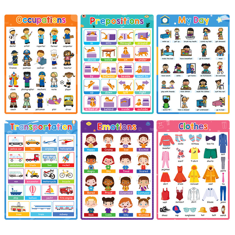 6PCS Traffic Emotion Prepositions Clothing Professional Vocabulary Posters Early Education Learning Card for kids Teaching Aids