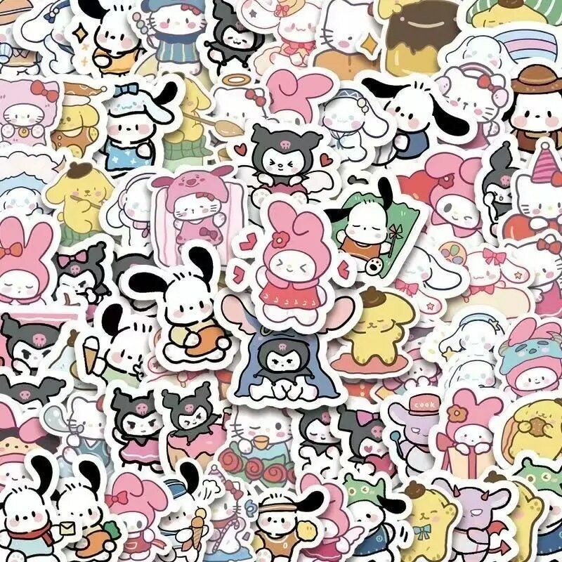 Pintados à mão Sanrio Cartoon Stickers, Caderno bonito, Ledger, Decoração, Kuromi, Cinnamoroll, Cross Dressing, 100pcs