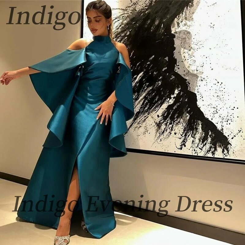 Атласное платье цвета индиго темно-синего цвета для выпускного вечера, с высоким воротником и открытыми плечами, в пол, женское официальное платье, 2024