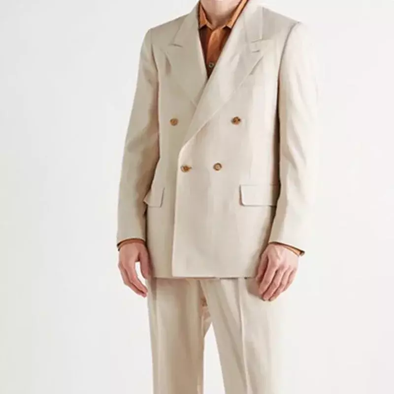 Blazer masculino Bege Breasted Slim Fit, terno casual, lapela de pico, Custom 2 Piece Set, traje elegante, alta qualidade