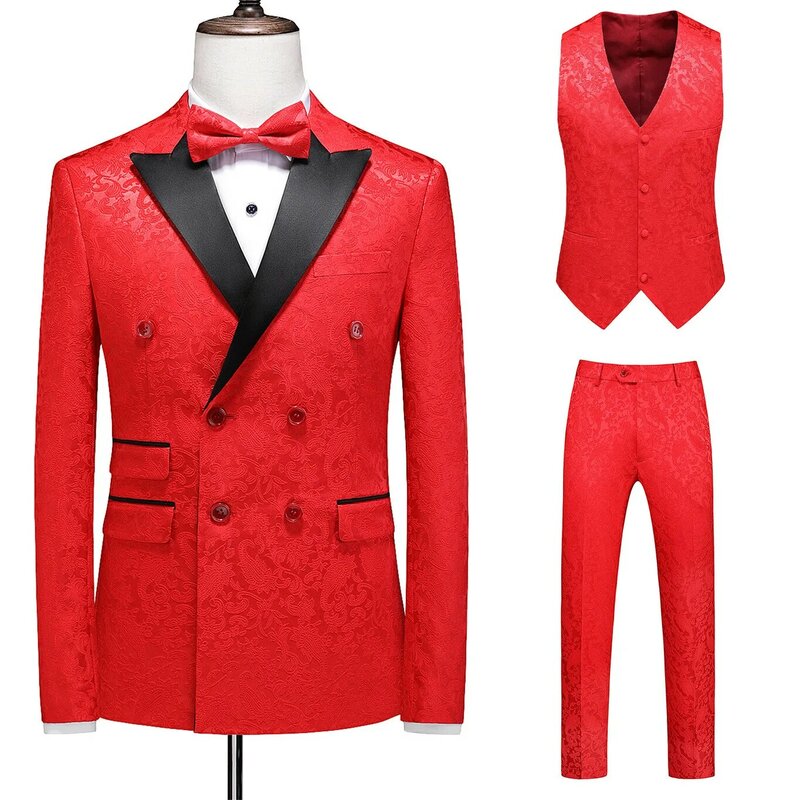 フィットしたメンズ長袖スーツ,パターン化されたブラックラペル,結婚式や宴会に適しています,ジャケット,パンツ付きベスト