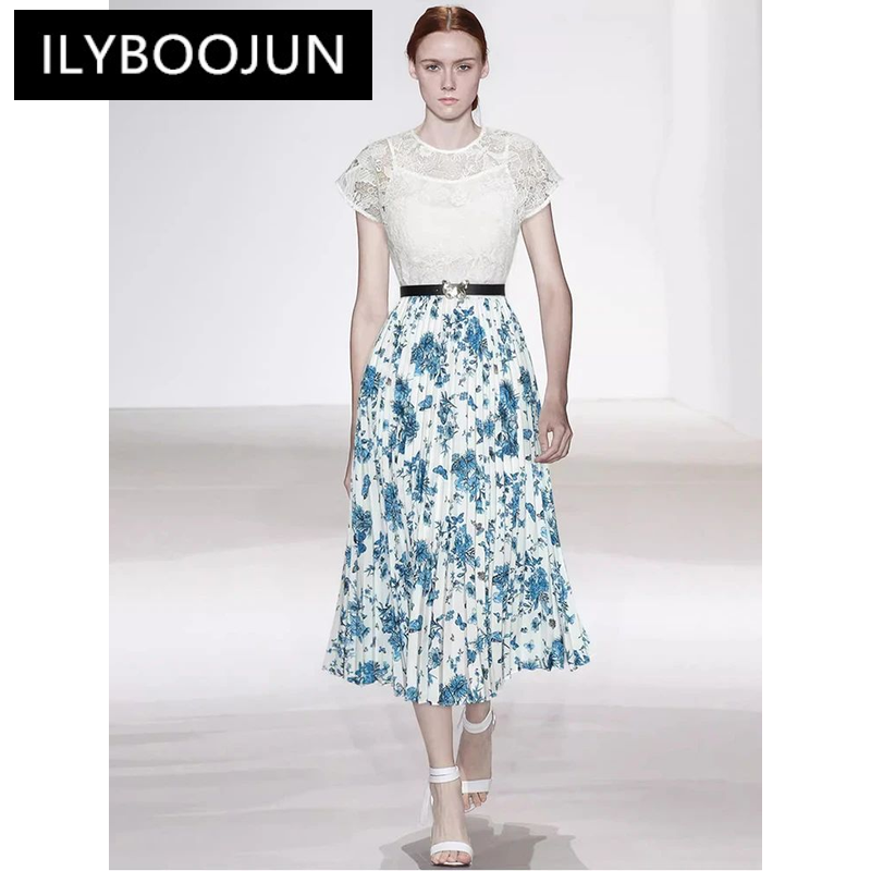 ILYBOOJUN 패션 디자이너 여름 프린트 원피스 여성용 O-넥 반팔 띠는 할로우 아웃 패치워크 하이 스트리트 플리츠 원피스