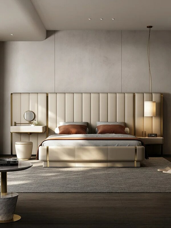 Italiaanse Stijl Minimalistische Lederen Bed Licht Luxe Moderne Villa High-End Authentieke Meubels Slaapkamer Volledig Lederen Kingsize Bed